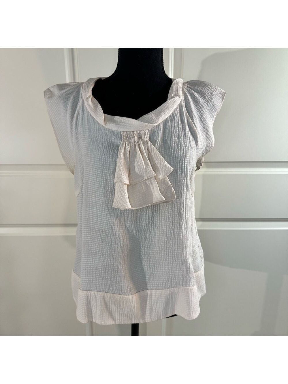 Anthropologie Odille Silk Cream Textured Blouse with Ruffle Detail 8